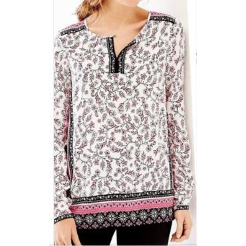 J.Jill Size Medium Top White Pink Boarder Print Floral Boho Peasant Long Sleeves